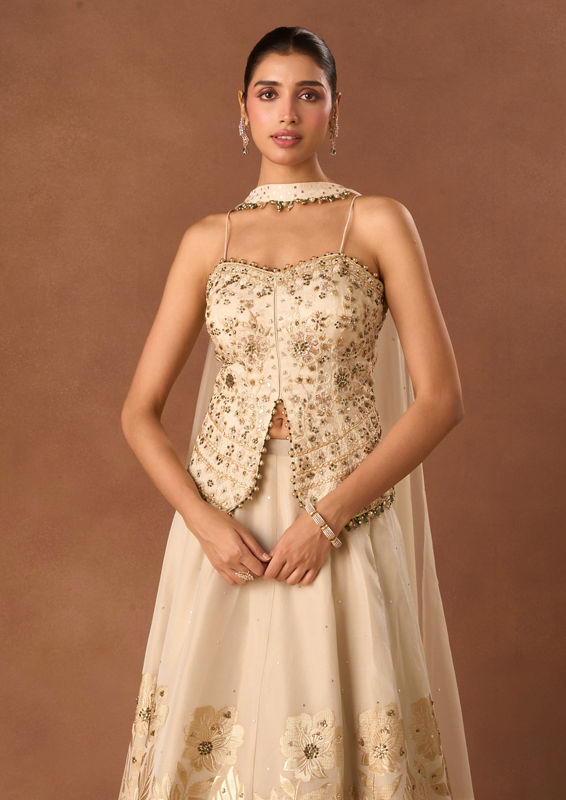 Twamev Women Cream Art Silk Lehenga with Embroidery