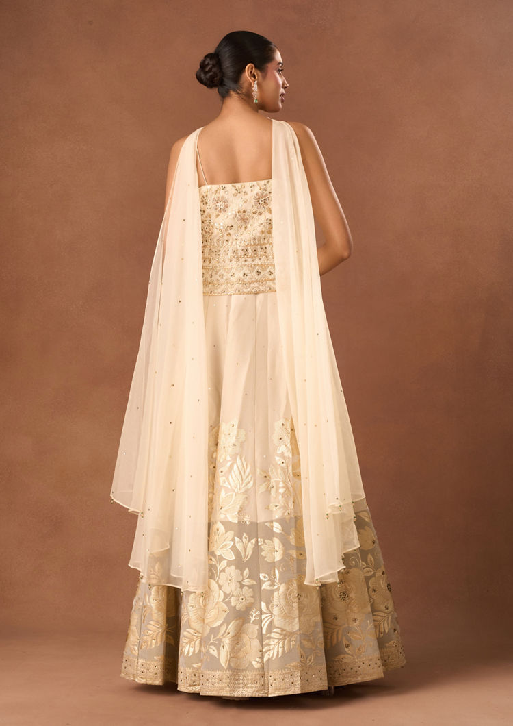 Twamev Women Cream Art Silk Lehenga with Embroidery