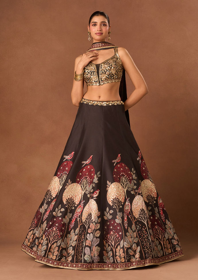 Twamev Women Black Silk Lehenga with Embroidery