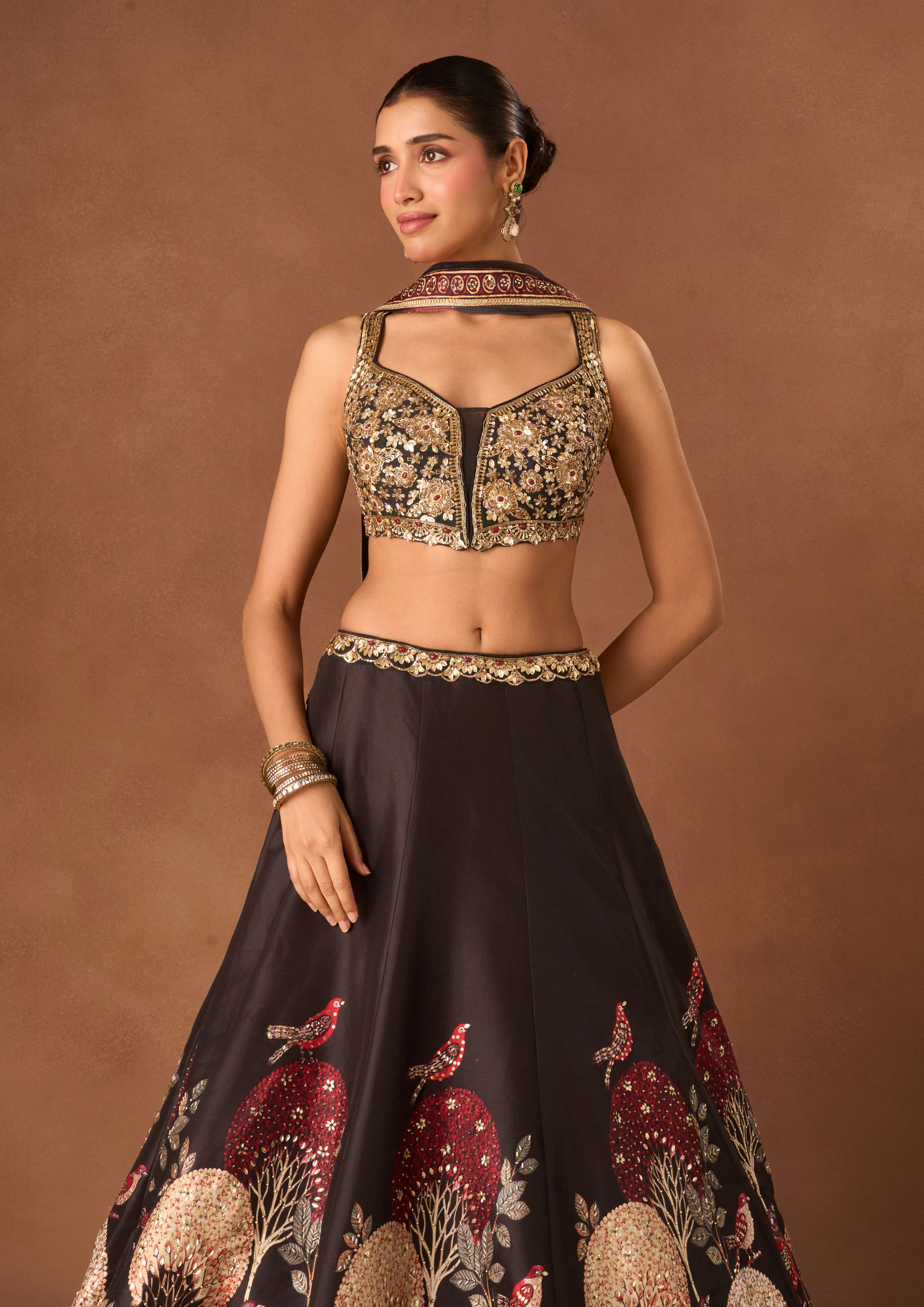Twamev Women Black Silk Lehenga with Embroidery