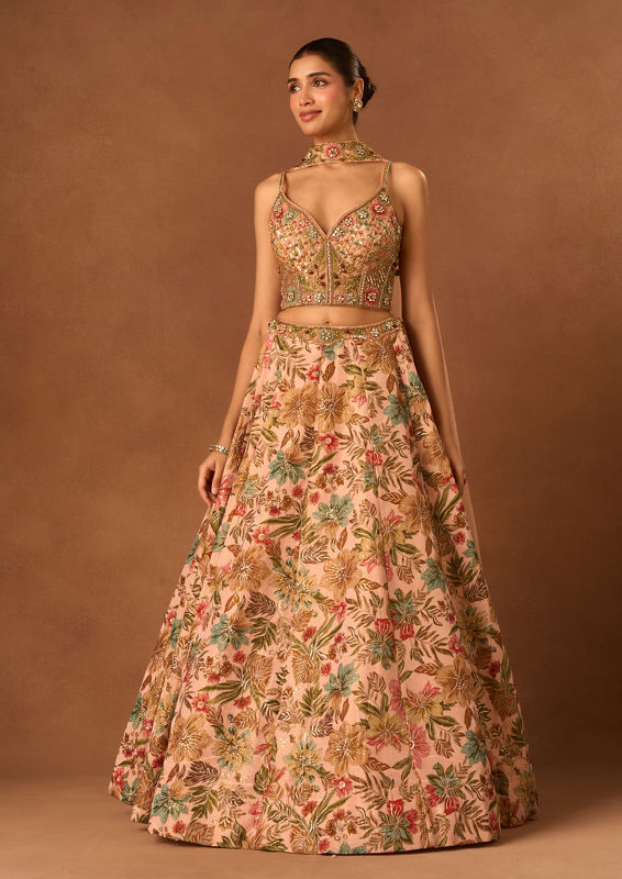Twamev Women Dusty Pink Silk Lehenga with Embroidery