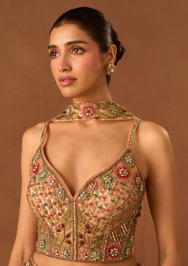 Twamev Women Dusty Pink Silk Lehenga with Embroidery
