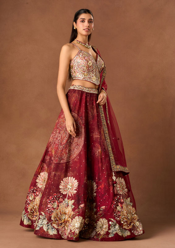 Twamev Women Maroon Art Silk Lehenga with Stone Work