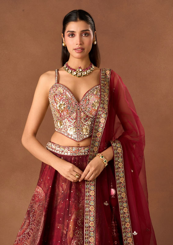 Twamev Women Maroon Art Silk Lehenga with Stone Work