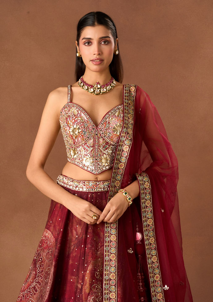 Twamev Women Maroon Art Silk Lehenga with Stone Work