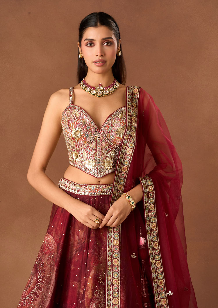 Twamev Women Maroon Art Silk Lehenga with Stone Work