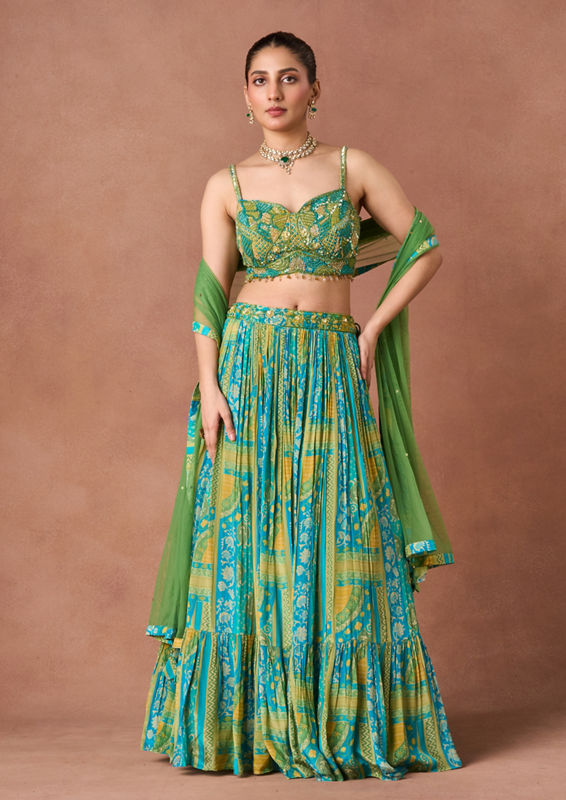 Twamev Women Emerald Printed Lehenga