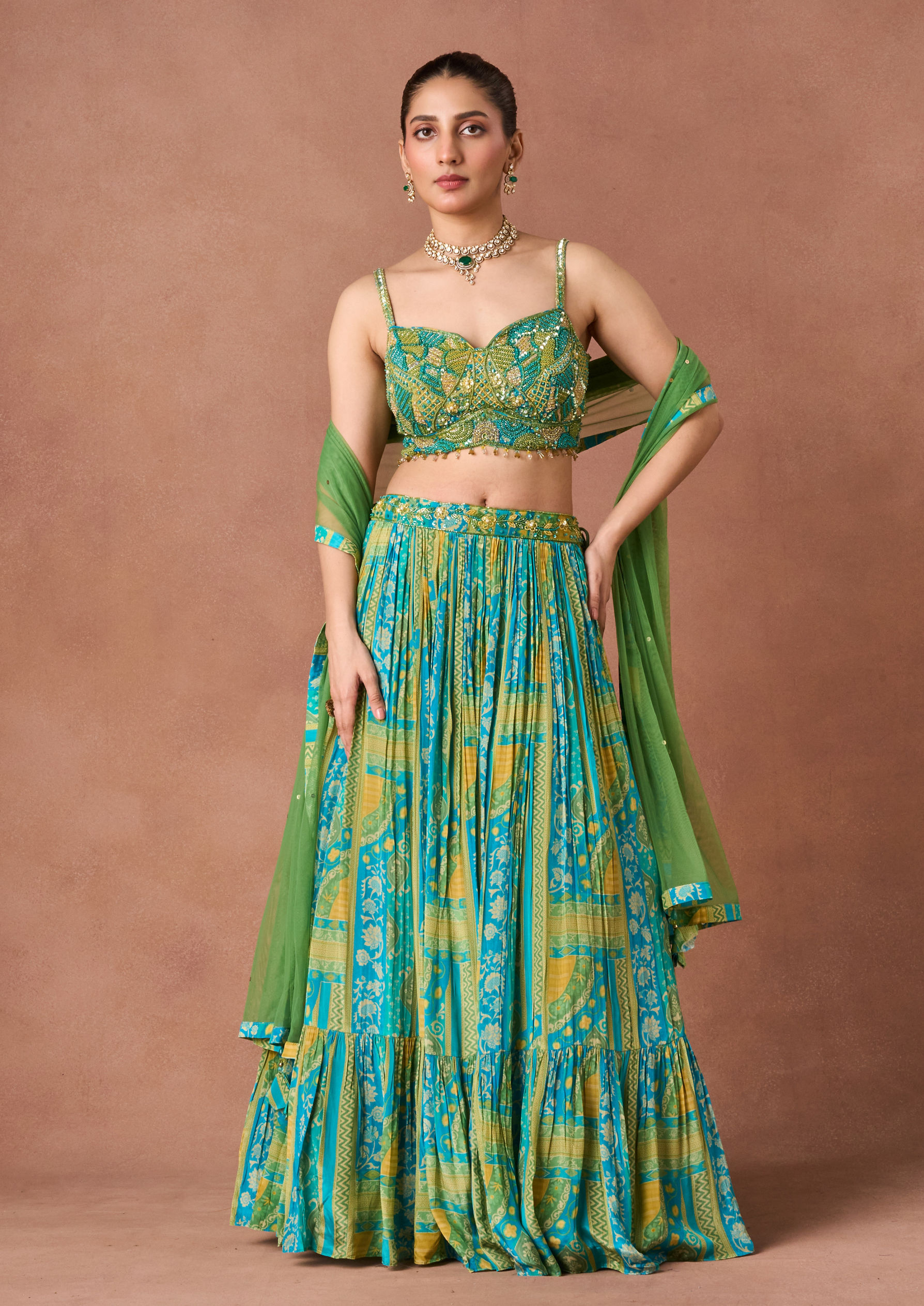 Twamev Women Emerald Printed Lehenga