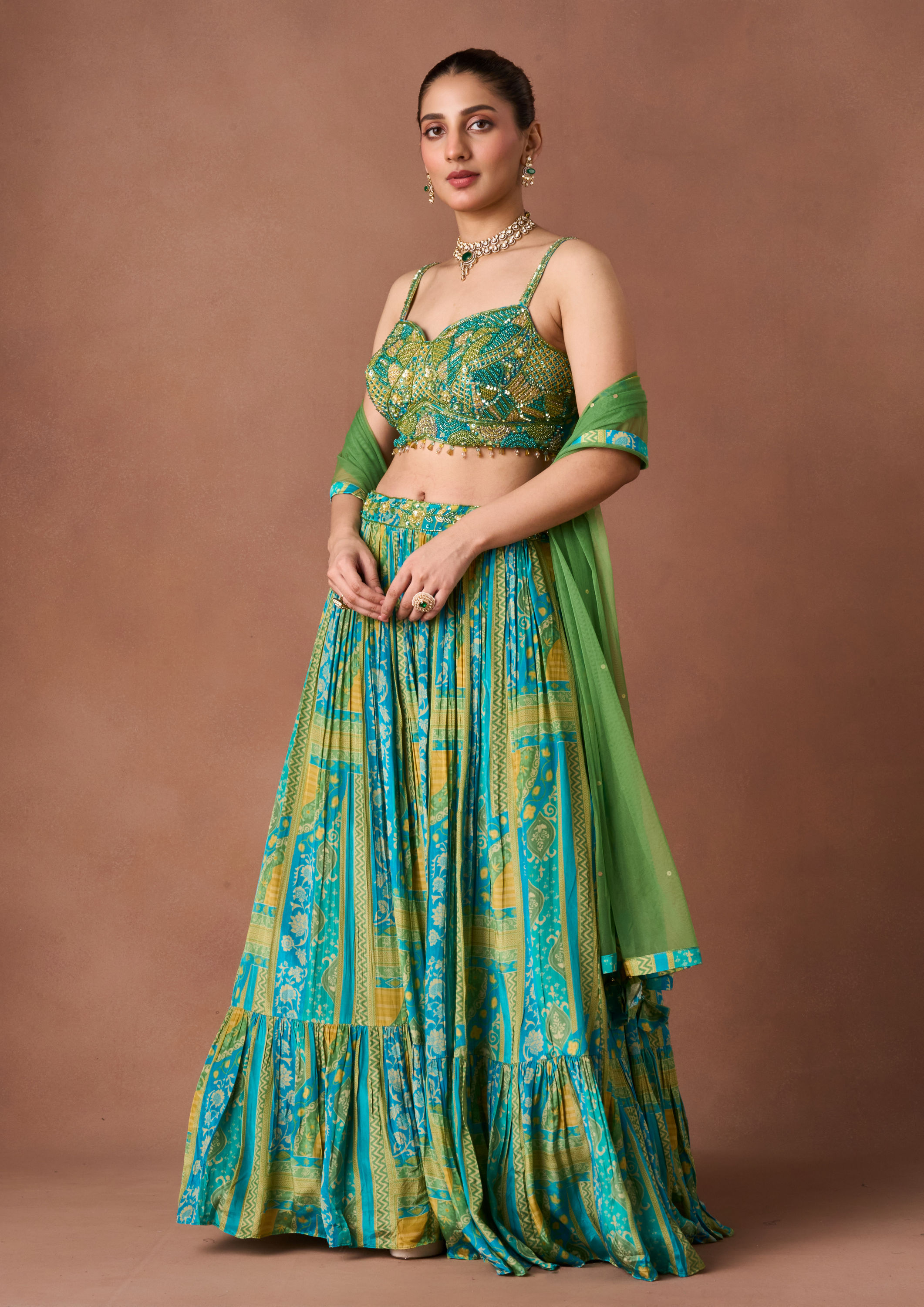 Twamev Women Emerald Printed Lehenga
