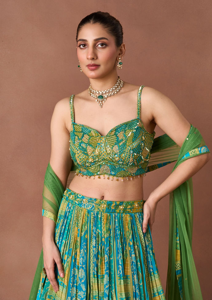 Twamev Women Emerald Printed Lehenga