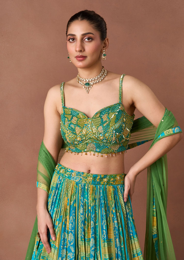 Twamev Women Emerald Printed Lehenga