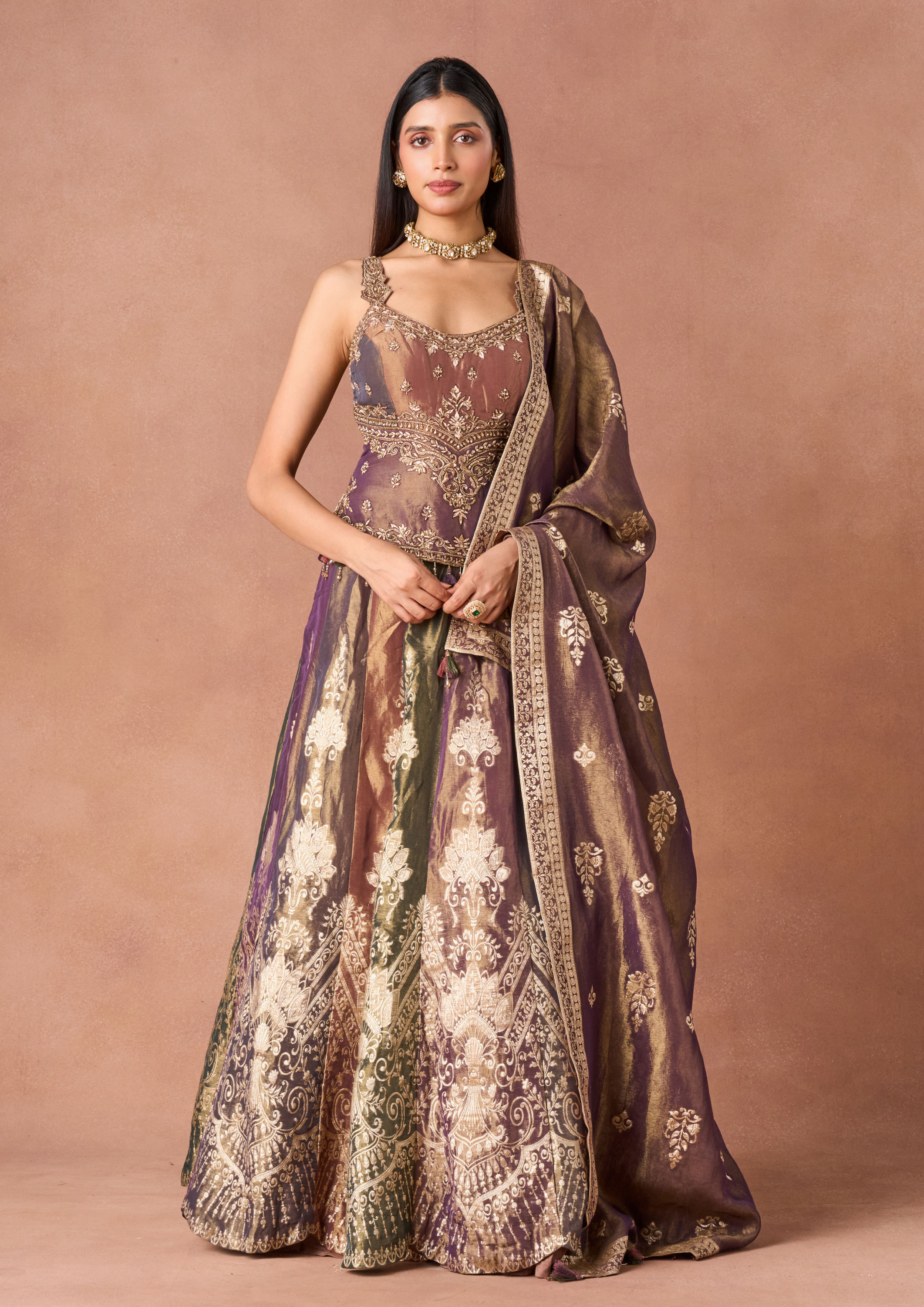 Twamev Women Beige Tissue Lehenga with Embroidery