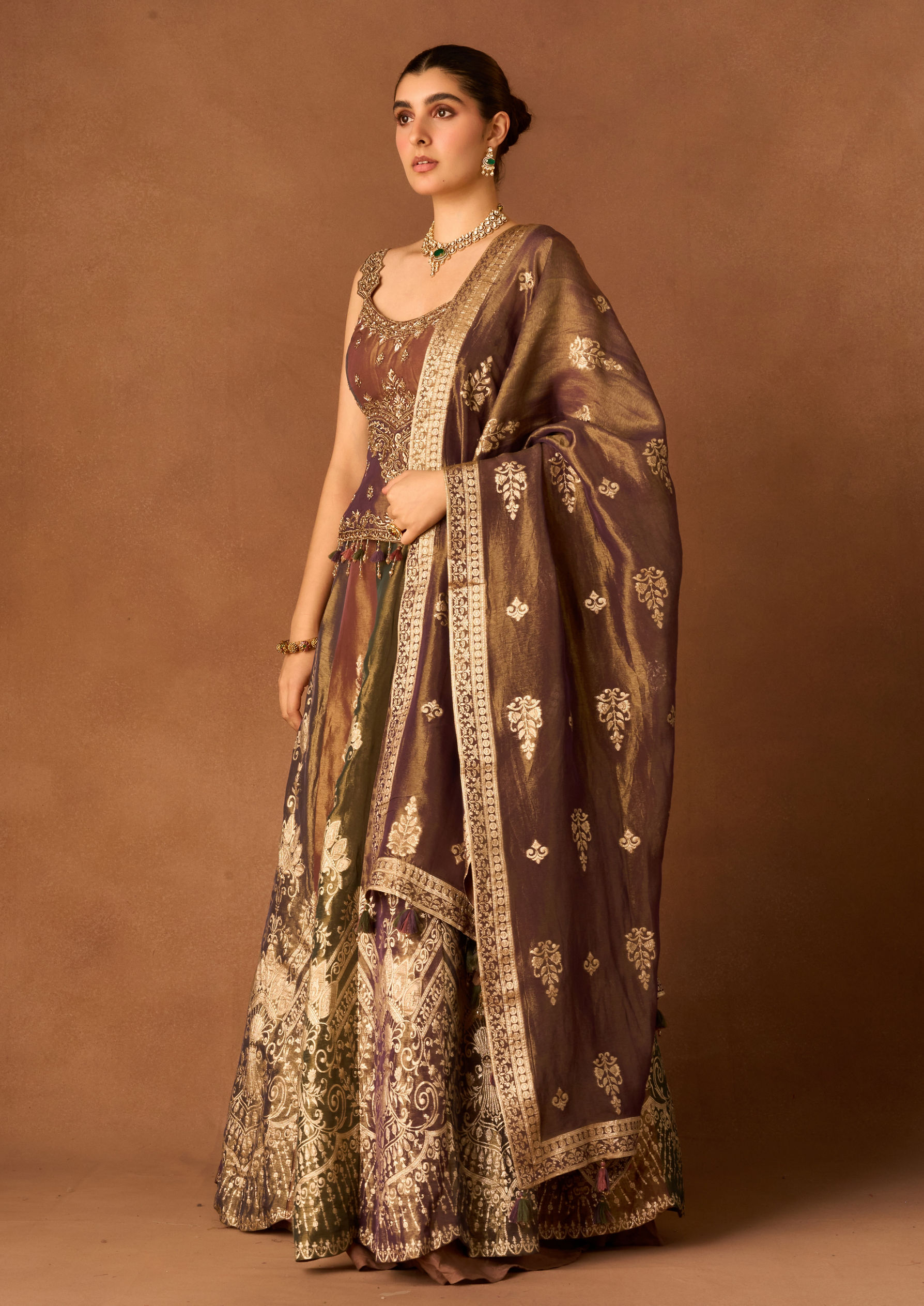 Twamev Women Beige Tissue Lehenga with Embroidery