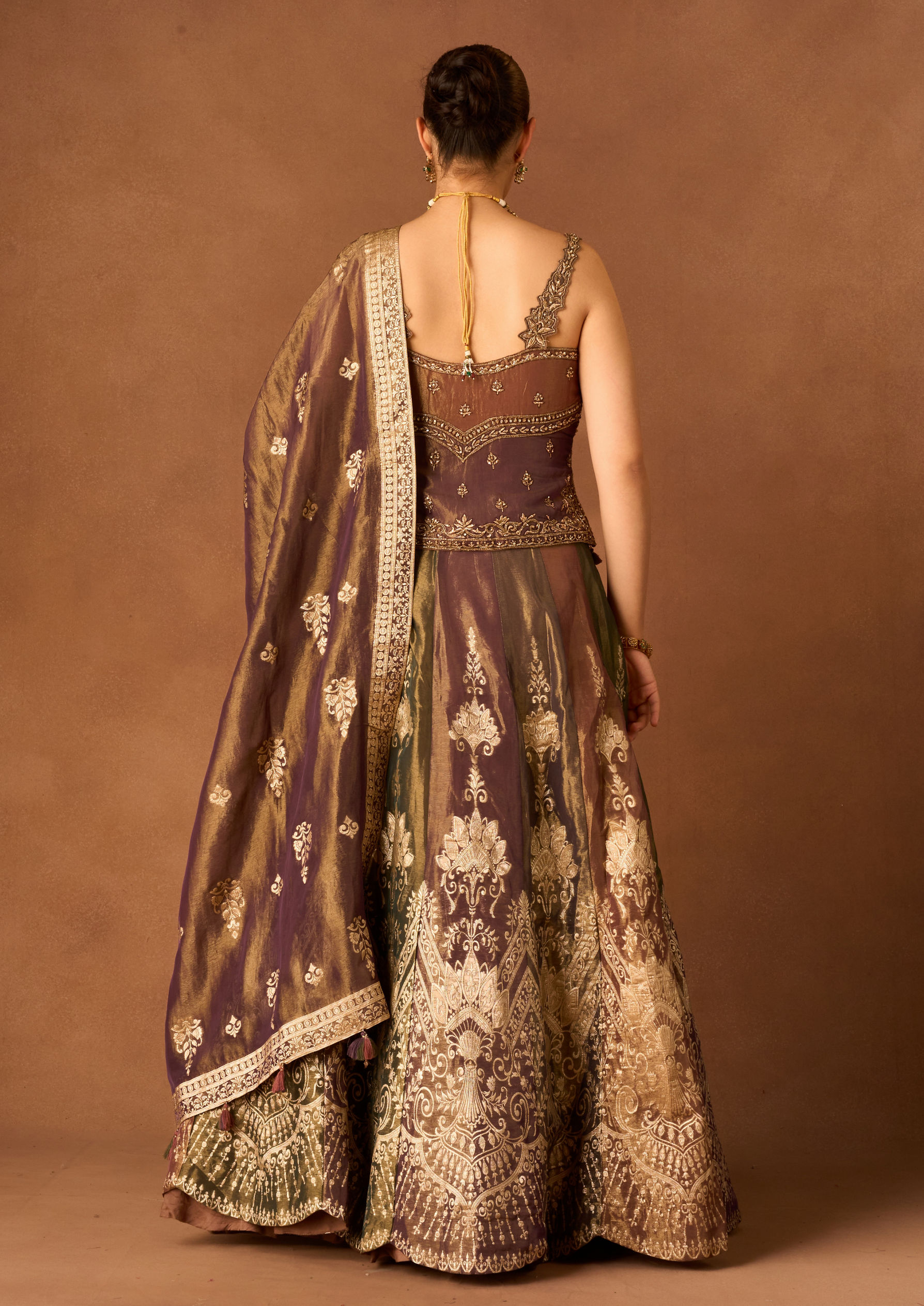 Twamev Women Beige Tissue Lehenga with Embroidery