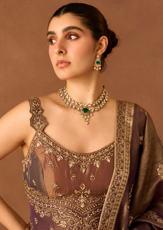 Twamev Women Beige Tissue Lehenga with Embroidery