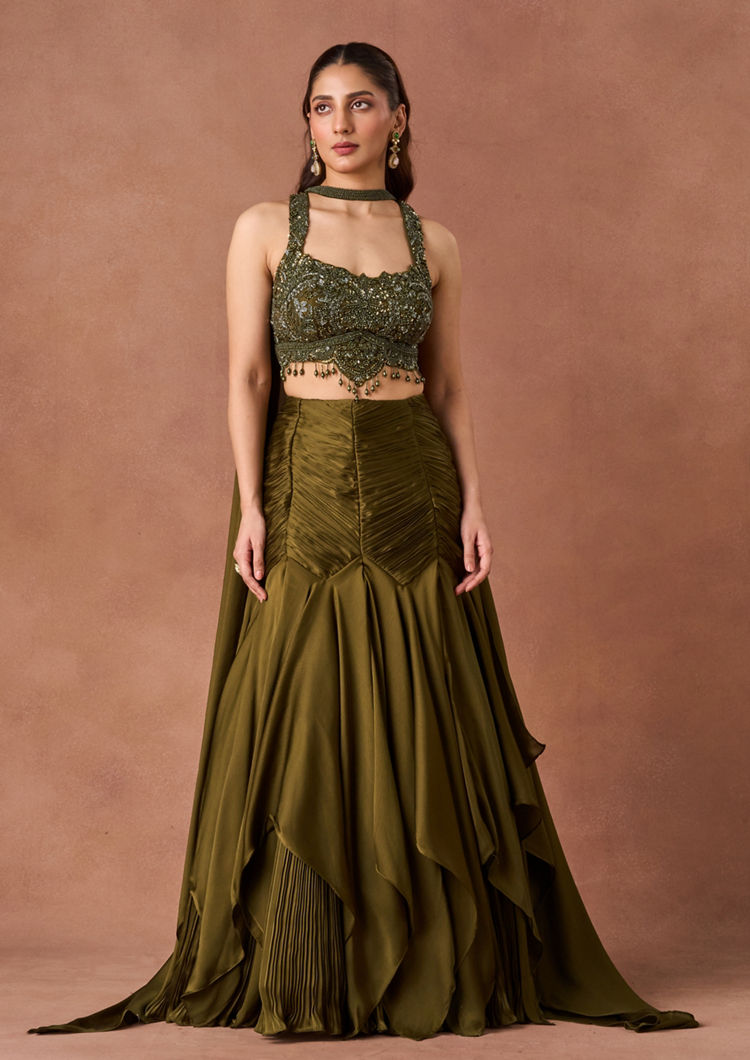 Twamev Women Mehendi Embroidered Lehenga