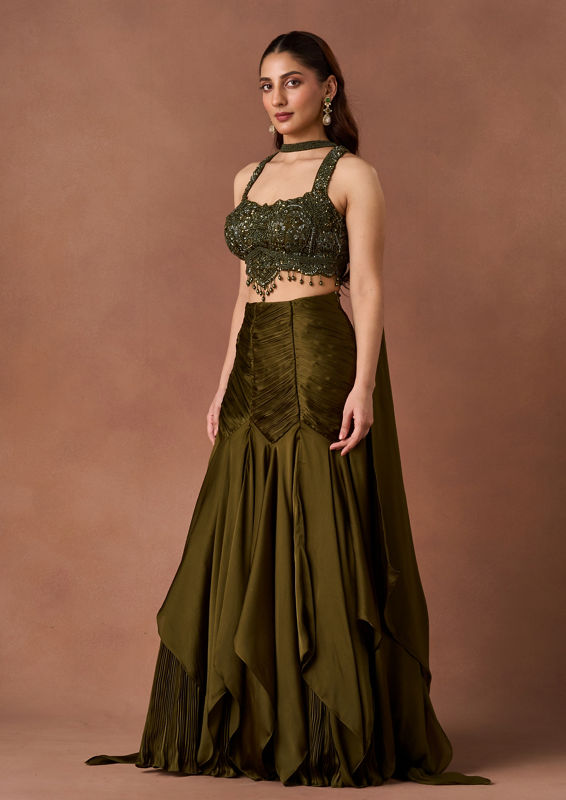 Twamev Women Mehendi Embroidered Lehenga