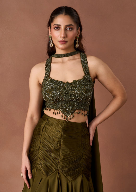 Twamev Women Mehendi Embroidered Lehenga