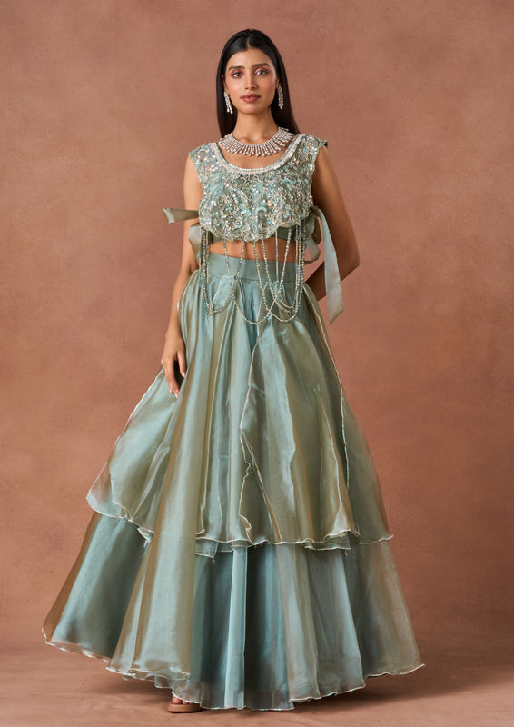 Twamev Women Powder Blue Textured Lehenga