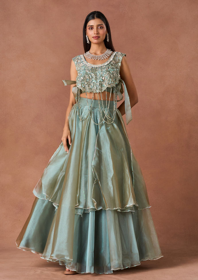 Twamev Women Powder Blue Textured Lehenga