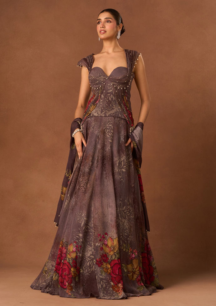 Twamev Women Purple Georgette Lehenga with Embroidery