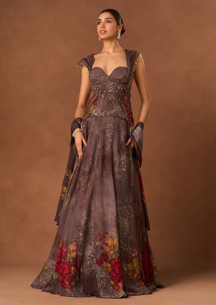 Twamev Women Purple Georgette Lehenga with Embroidery
