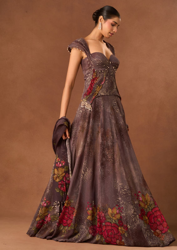 Twamev Women Purple Georgette Lehenga with Embroidery