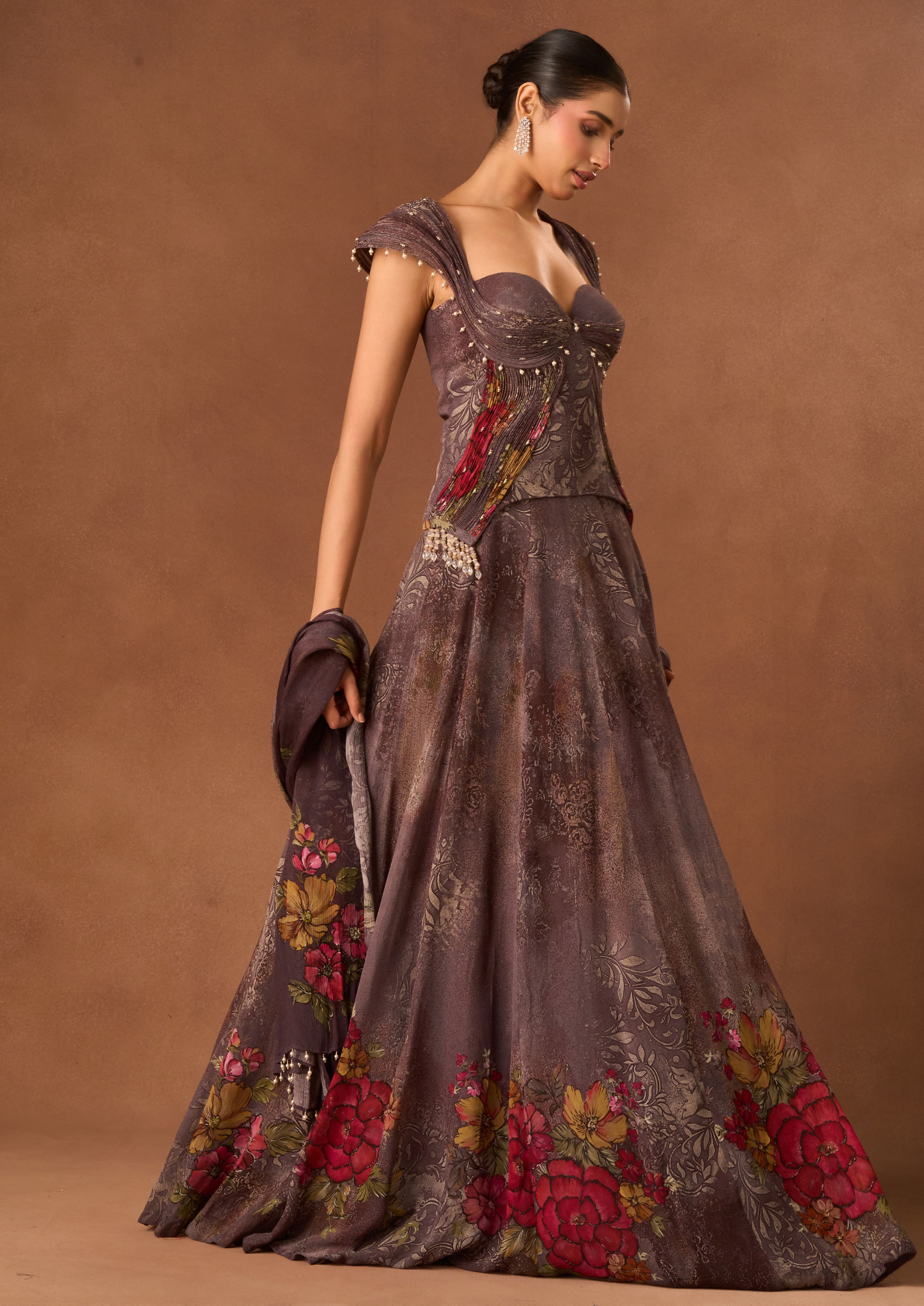 Twamev Women Purple Georgette Lehenga with Embroidery