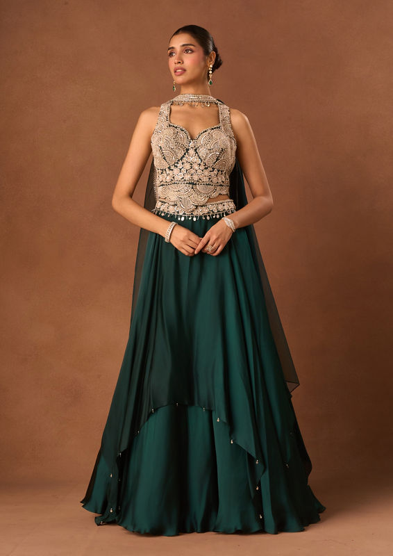 Twamev Women Green Satin Lehenga with Embroidery