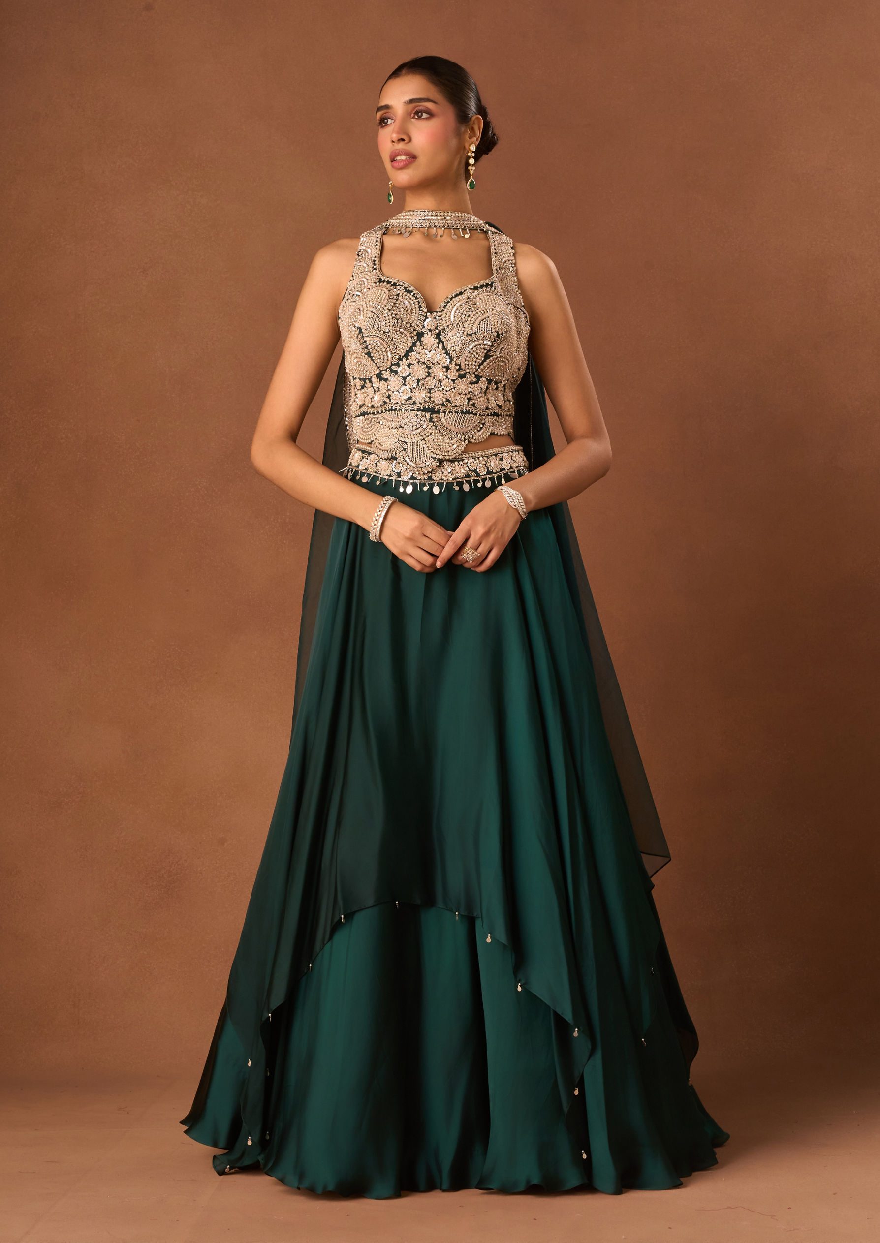 Twamev Women Green Satin Lehenga with Embroidery