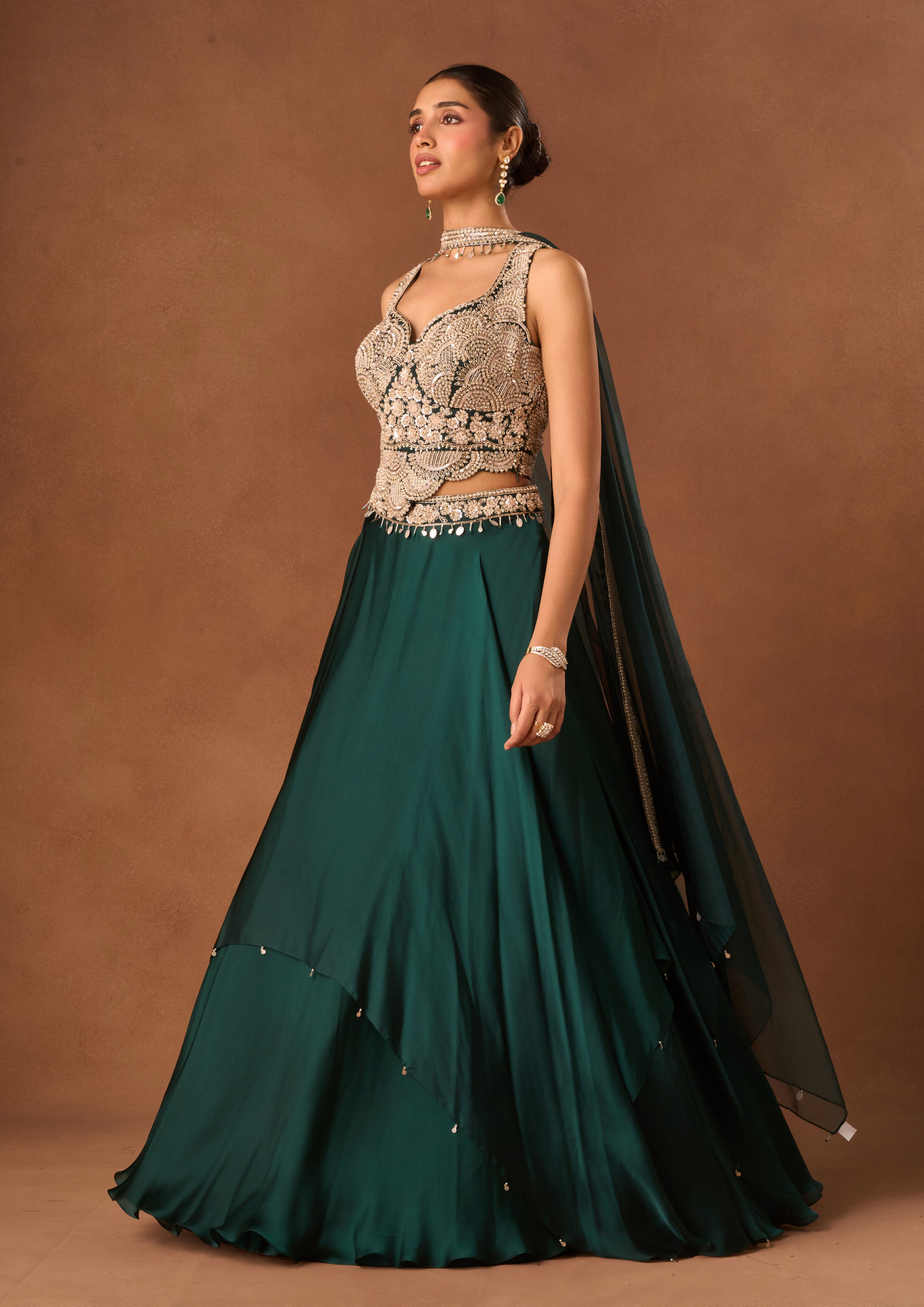 Twamev Women Green Satin Lehenga with Embroidery