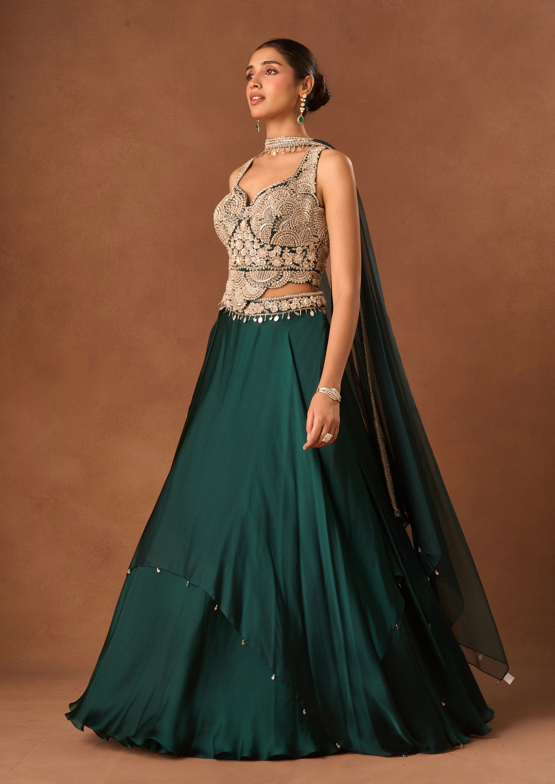 Twamev Women Green Satin Lehenga with Embroidery