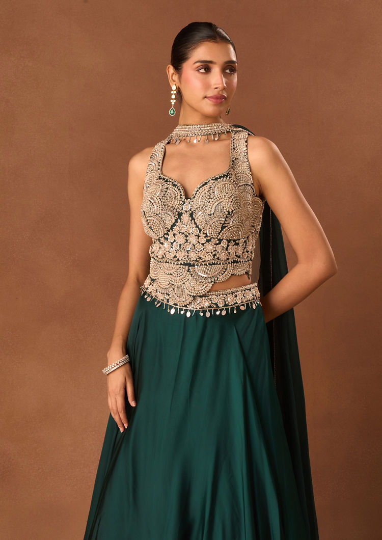 Twamev Women Green Satin Lehenga with Embroidery
