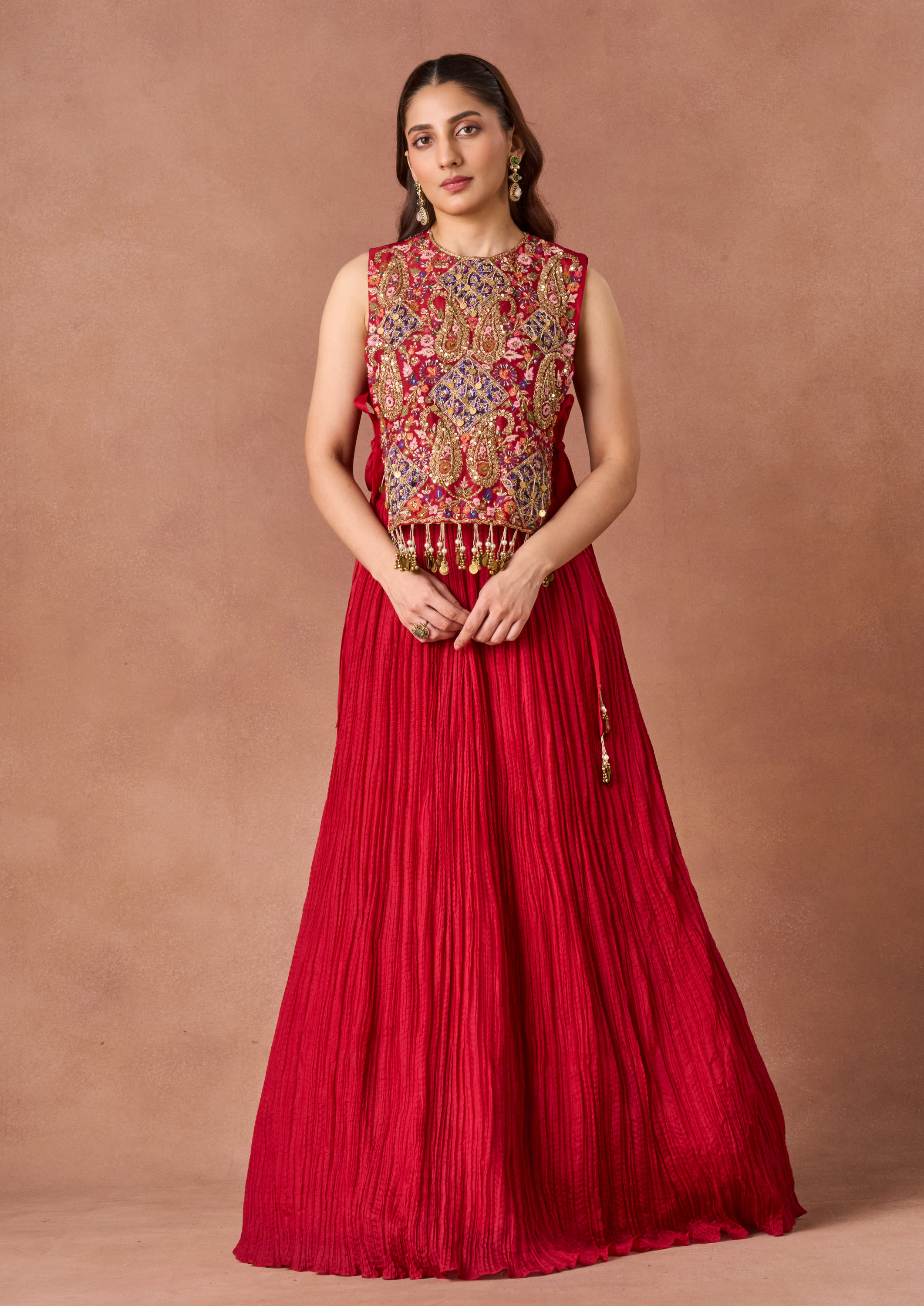 Twamev Women Scarlet Hand-Embroidered Lehenga