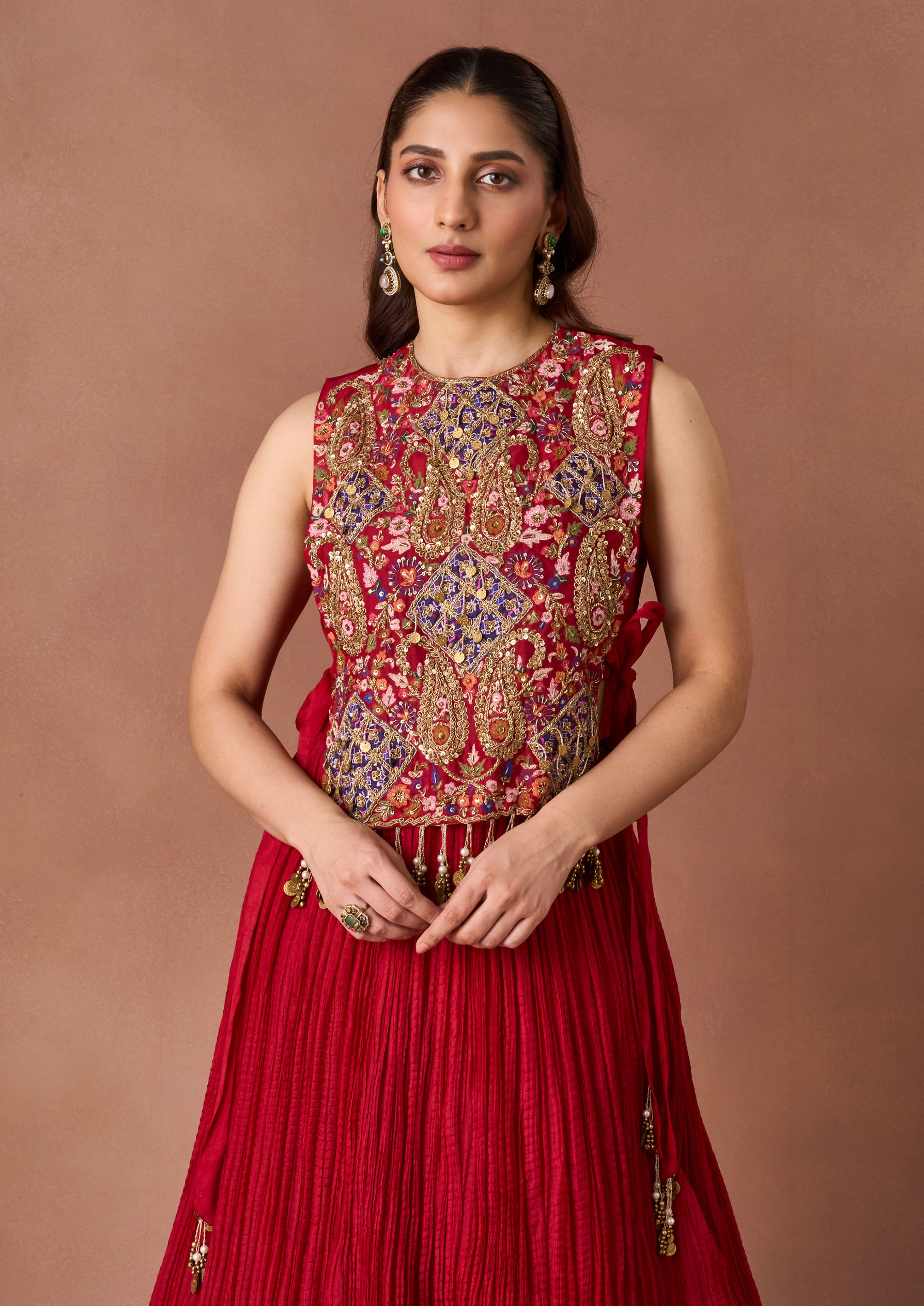 Twamev Women Scarlet Hand-Embroidered Lehenga