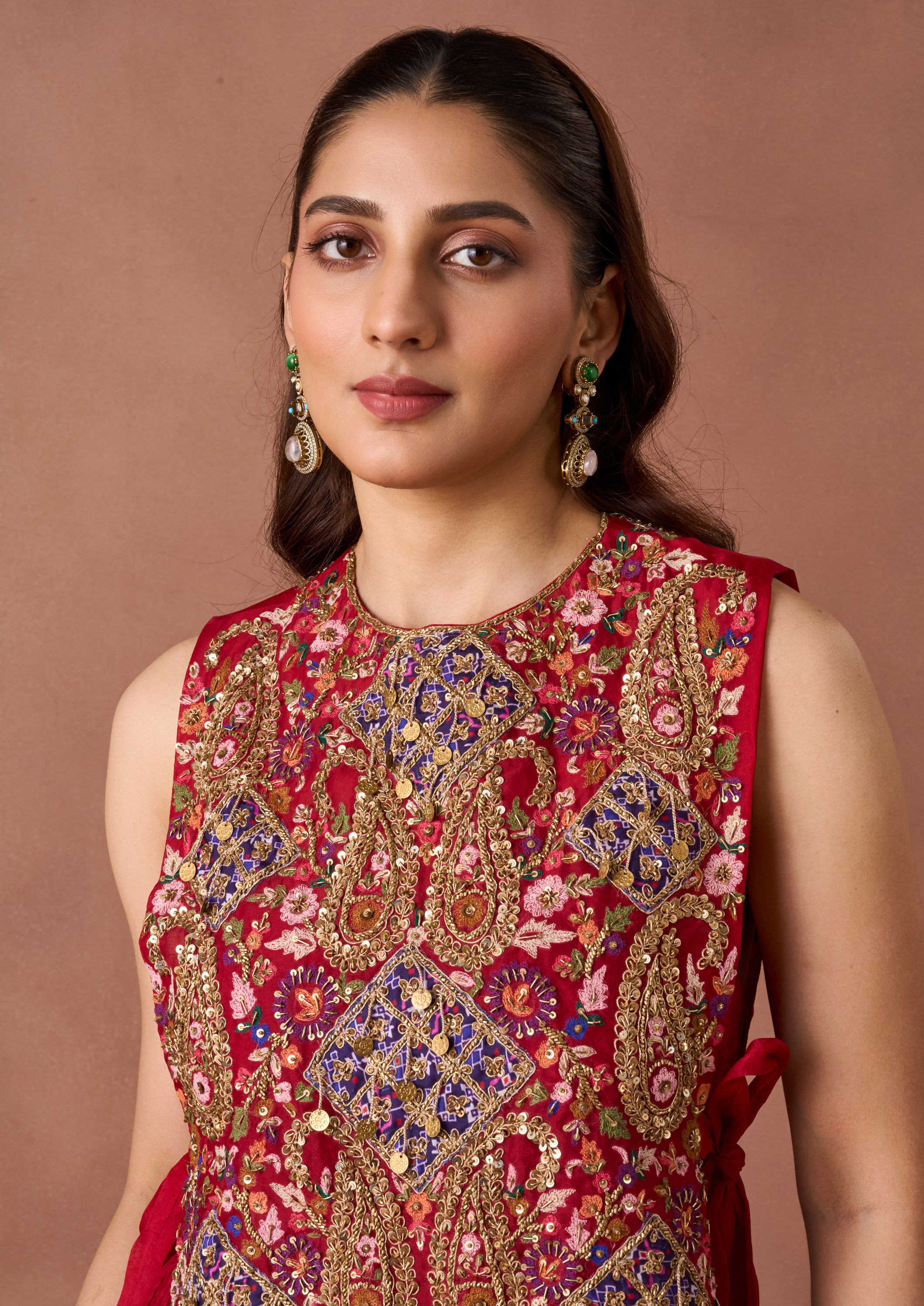 Twamev Women Scarlet Hand-Embroidered Lehenga