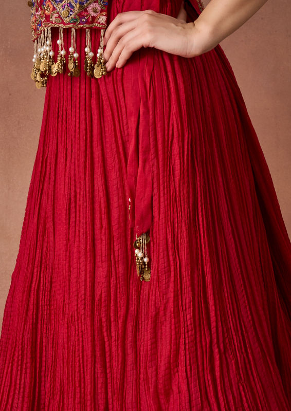 Twamev Women Scarlet Hand-Embroidered Lehenga