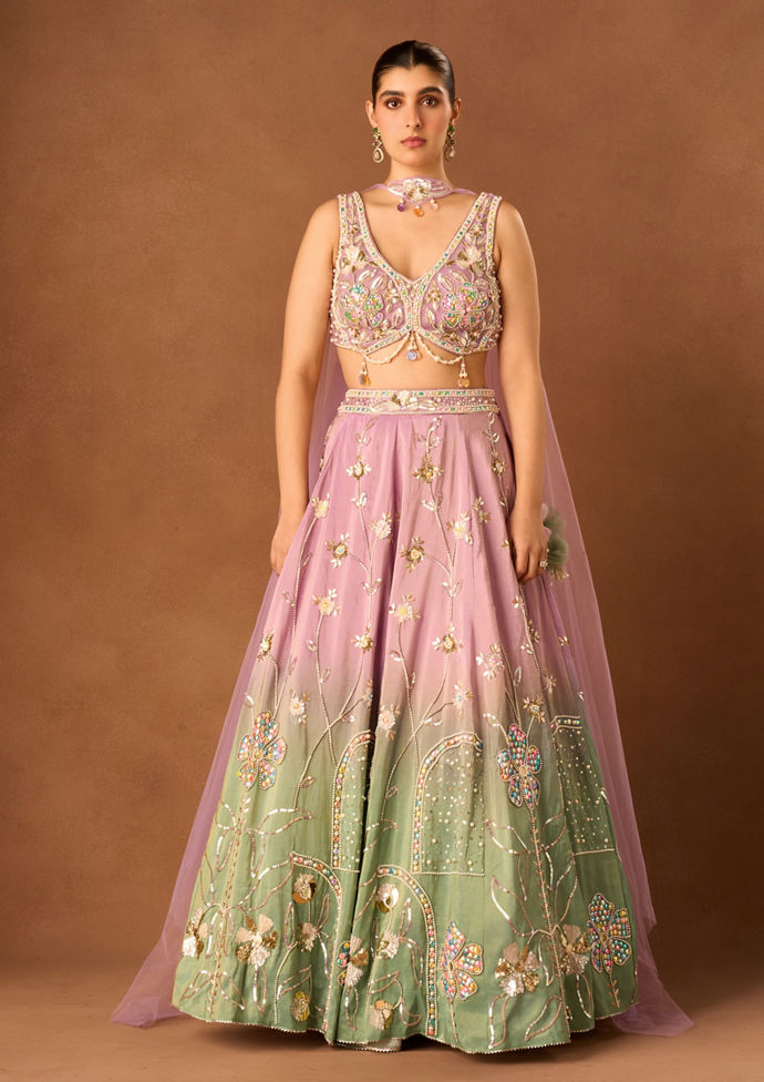 Twamev Women Purple Tissue Lehenga with Embroidery