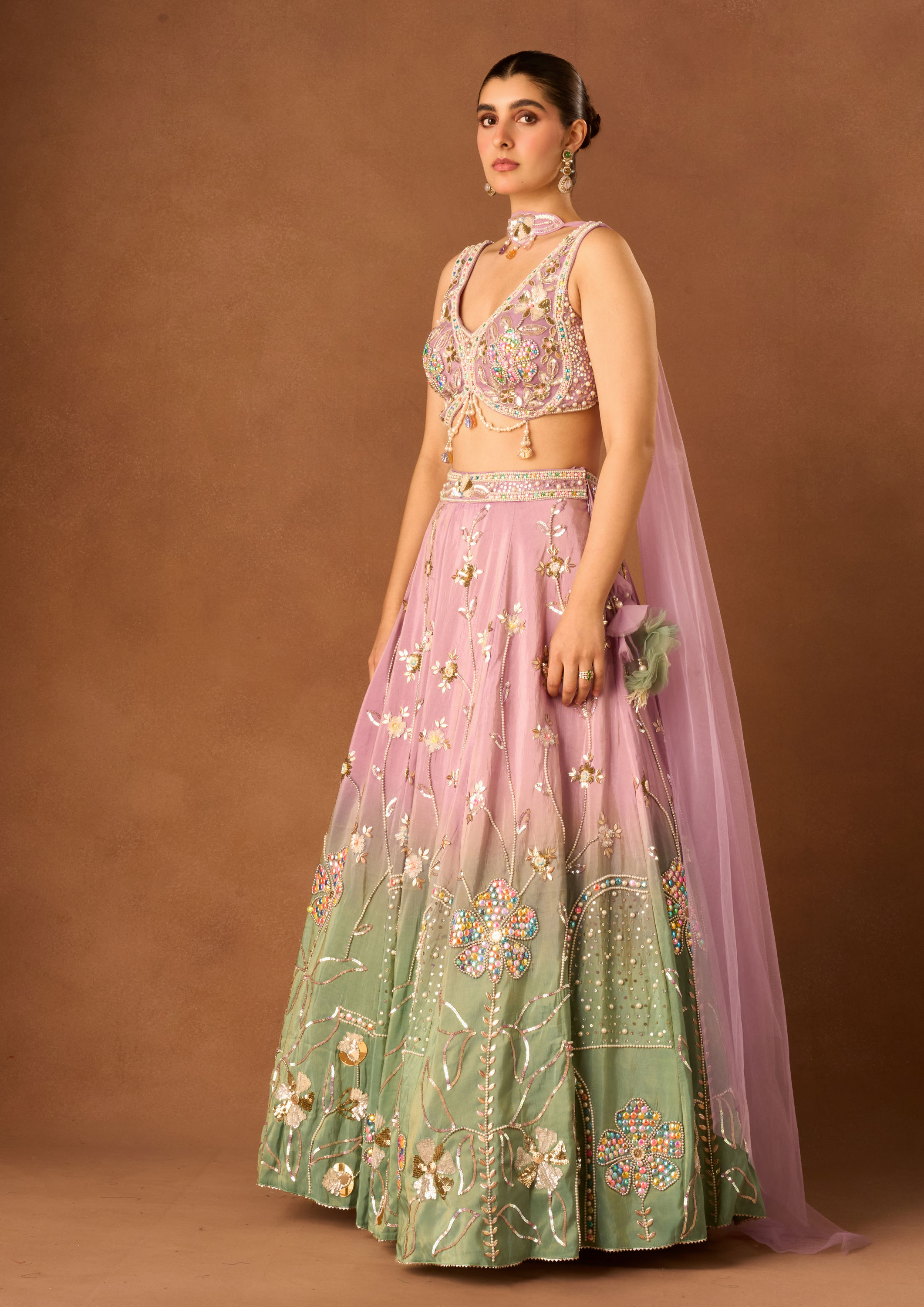Twamev Women Purple Tissue Lehenga with Embroidery