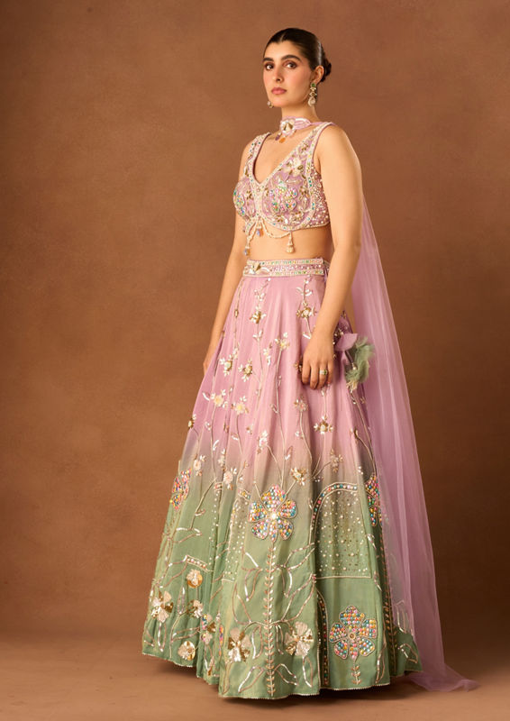 Twamev Women Purple Tissue Lehenga with Embroidery