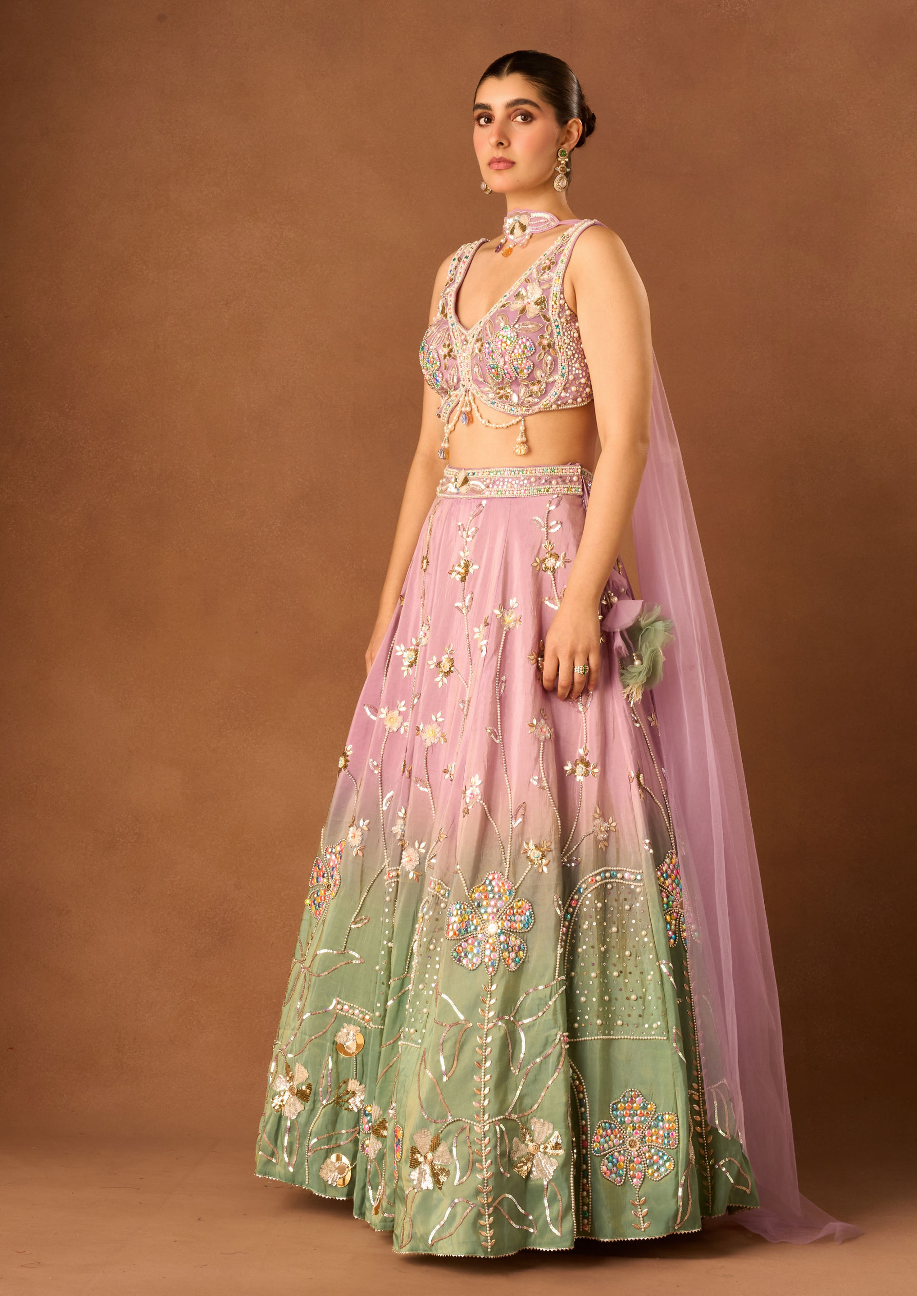 Twamev Women Purple Tissue Lehenga with Embroidery