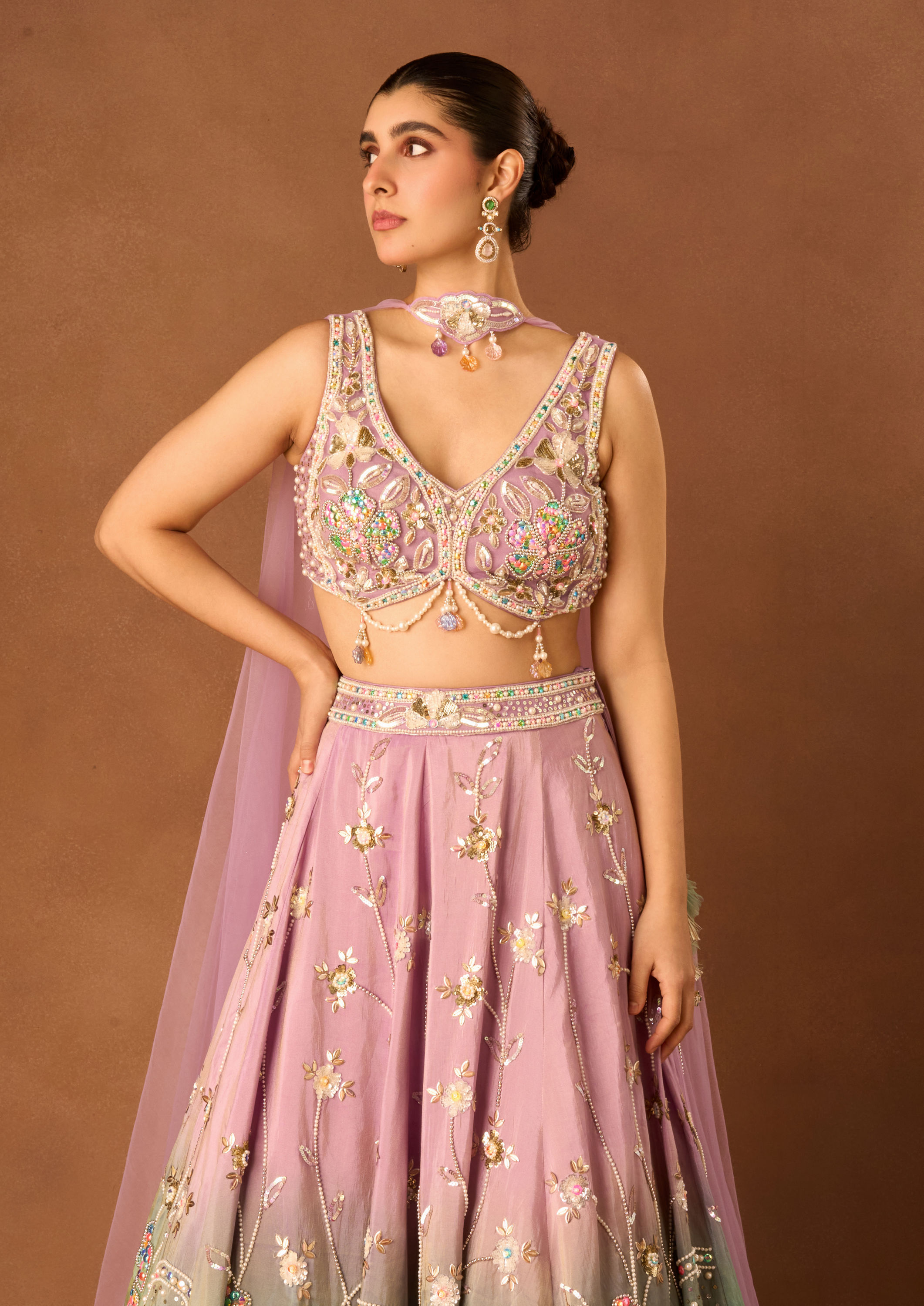 Twamev Women Purple Tissue Lehenga with Embroidery