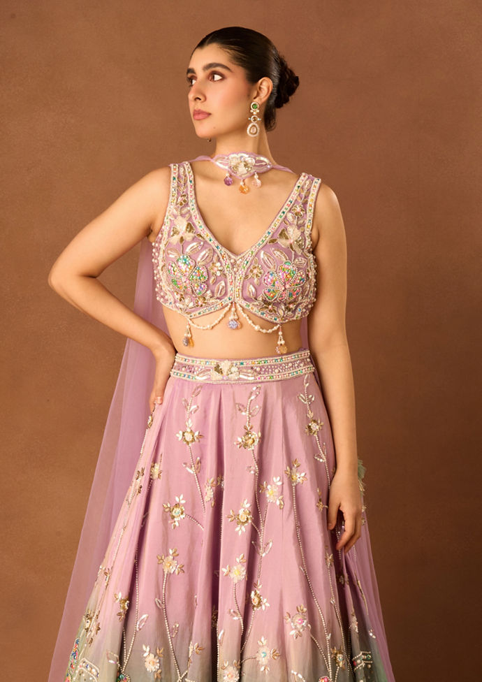 Twamev Women Purple Tissue Lehenga with Embroidery