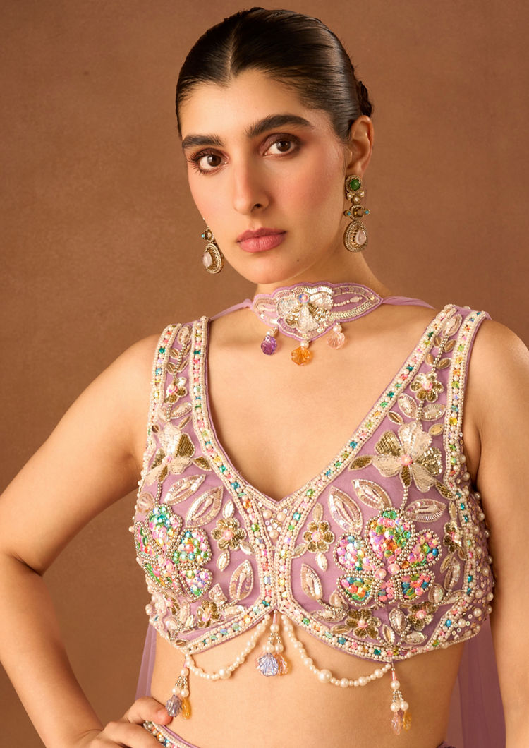 Twamev Women Purple Tissue Lehenga with Embroidery