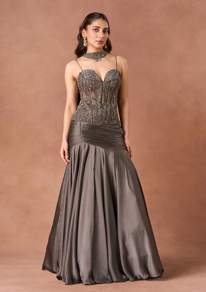 Twamev Women Slate Grey Beaded Lehenga