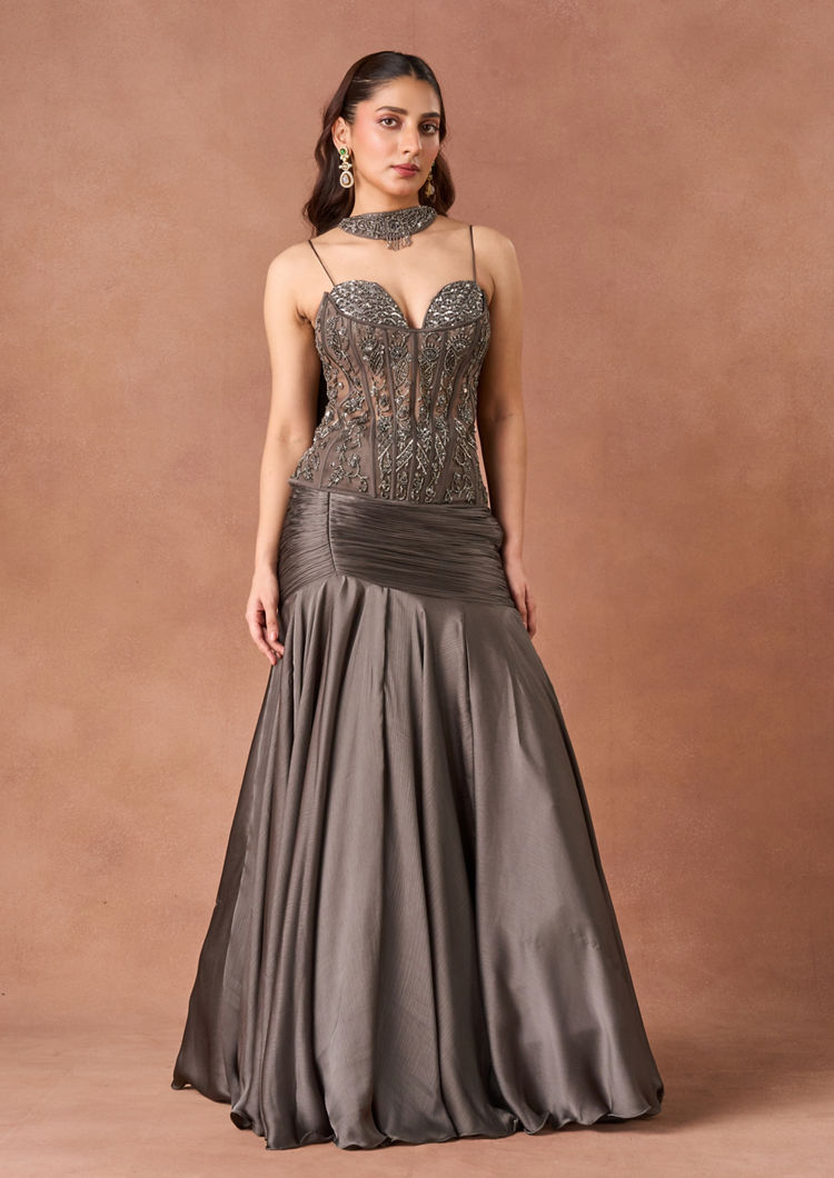 Twamev Women Slate Grey Beaded Lehenga