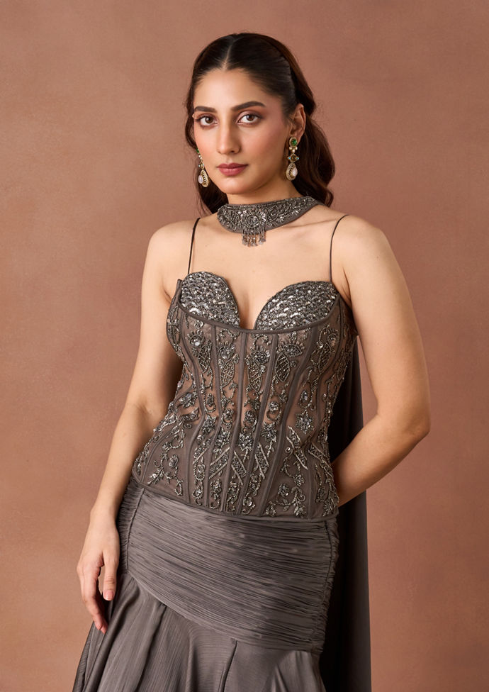 Twamev Women Slate Grey Beaded Lehenga