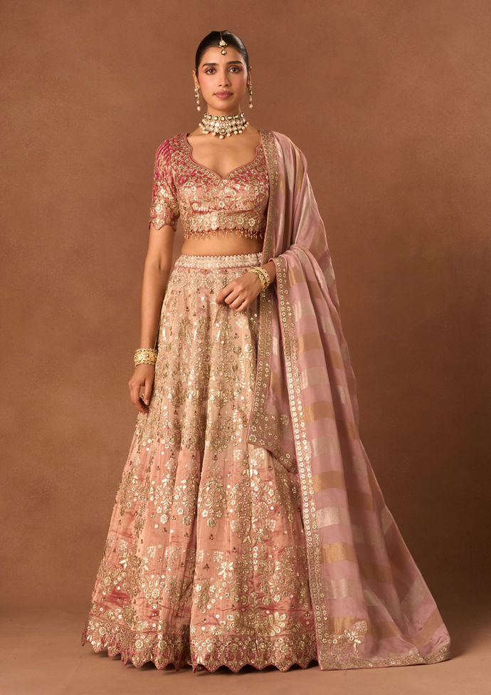 Twamev Women Pink Tissue Lehenga with Embroidery