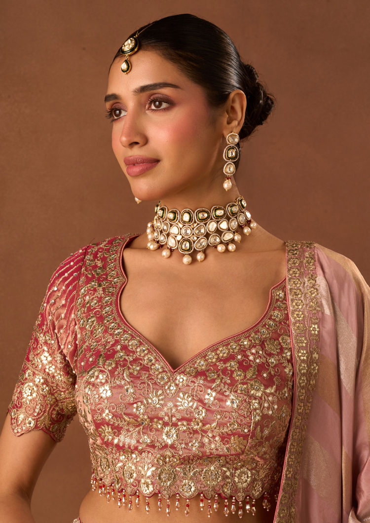 Twamev Women Pink Tissue Lehenga with Embroidery