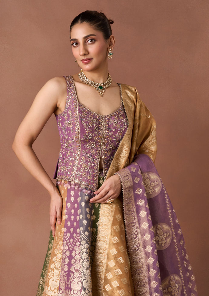 Twamev Women Royal Purple Gold-Print Lehenga